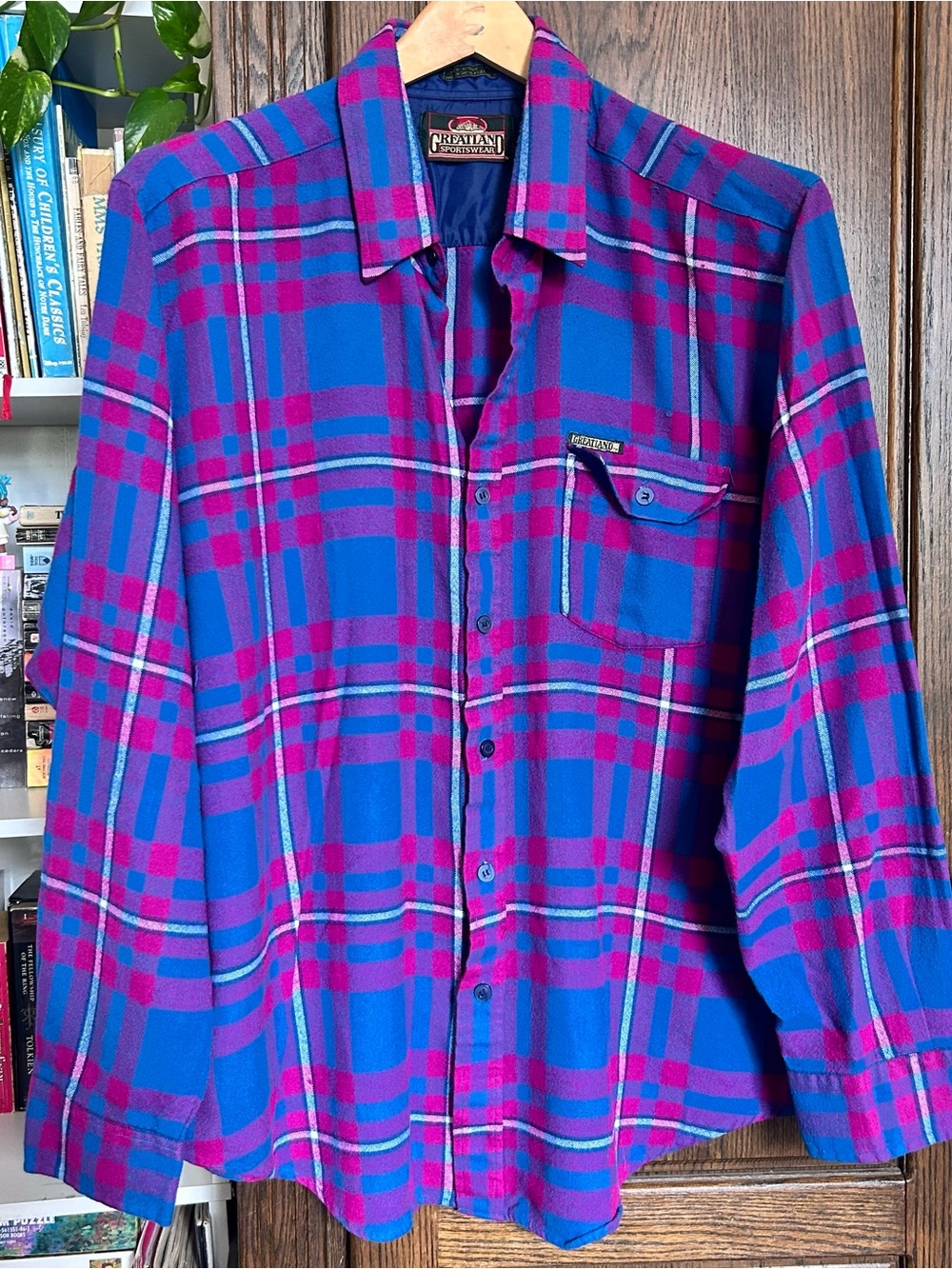 Men's Blue & Magenta Plaid Button-Up Flannel